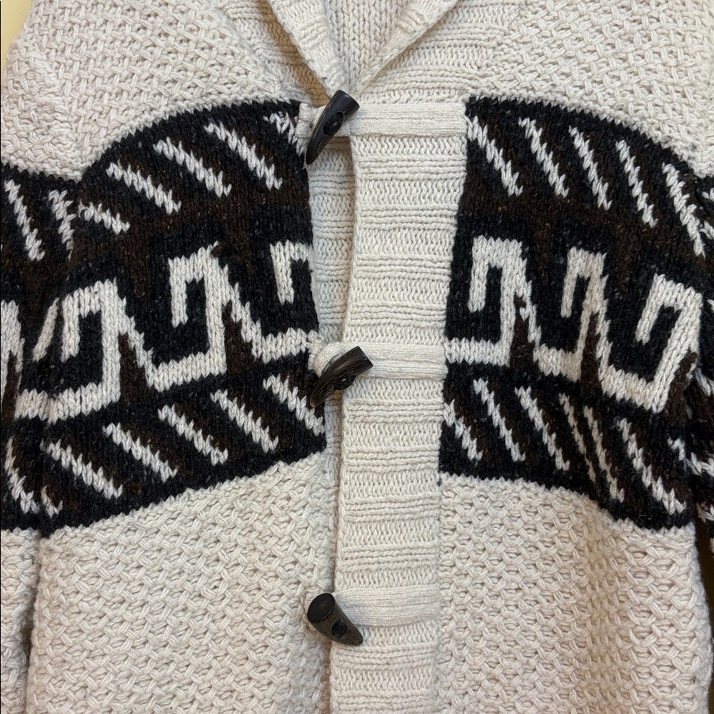 Vince | Cream Black Chunky Knit Shawl Fisherman Grandpa Wool Blend Cardigan L - Picture 13 of 17
